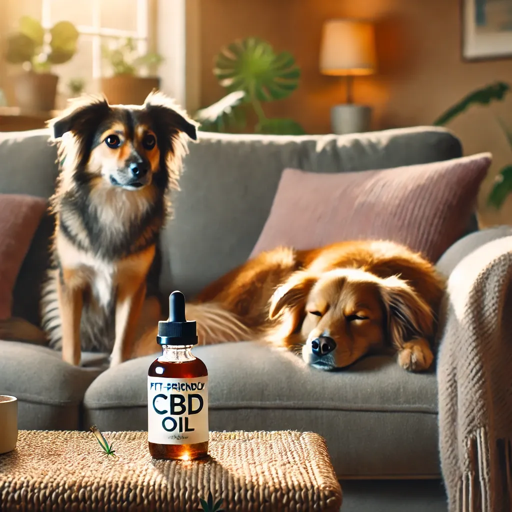 Illustrated cat and dog beside a CBD-labeled bottle