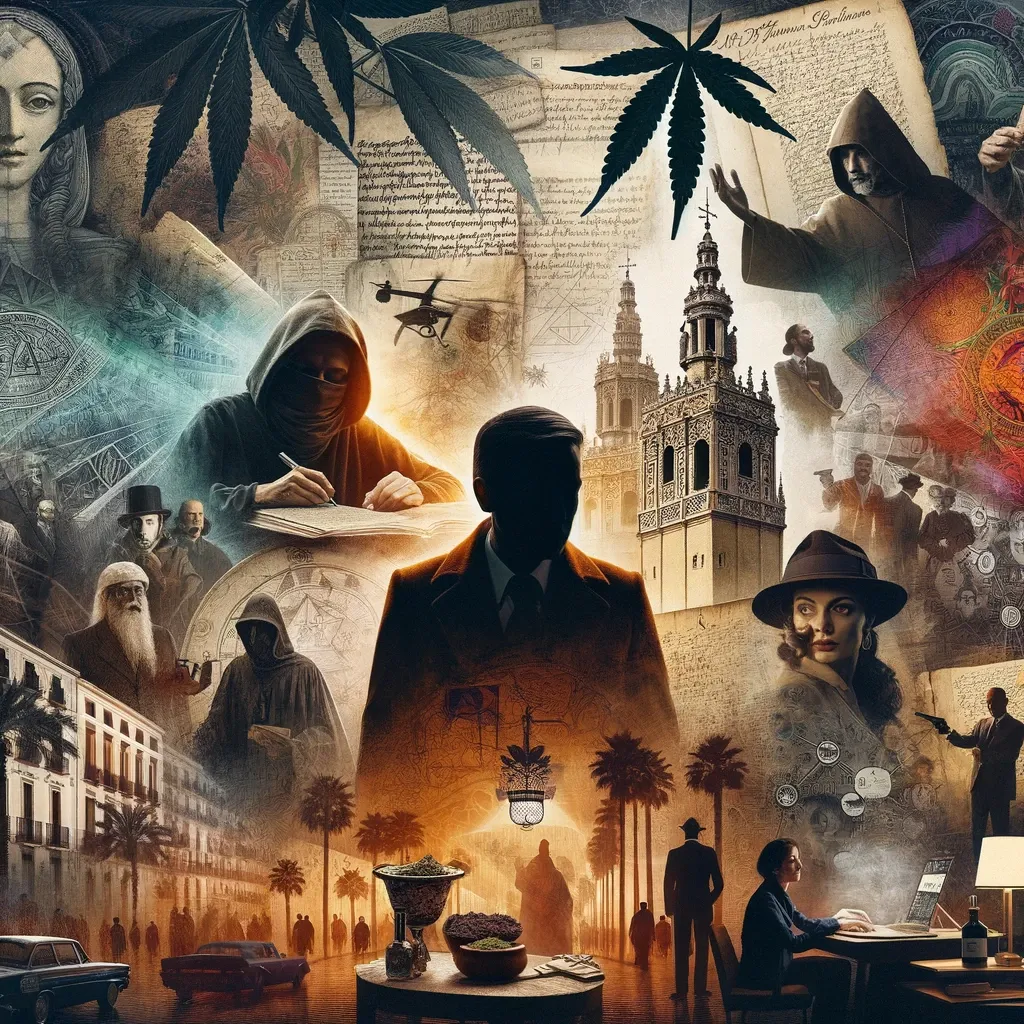 Dramatische Collage eines spanischen Turms und historischer Figuren