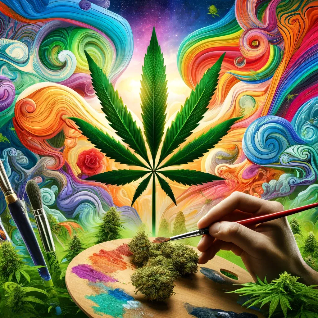 Hand beim Malen eines leuchtenden Cannabisbildes
