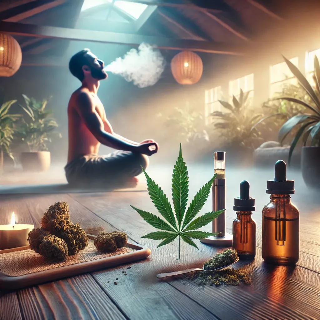 Meditation illustration with dropper bottles and a cannabis leaf