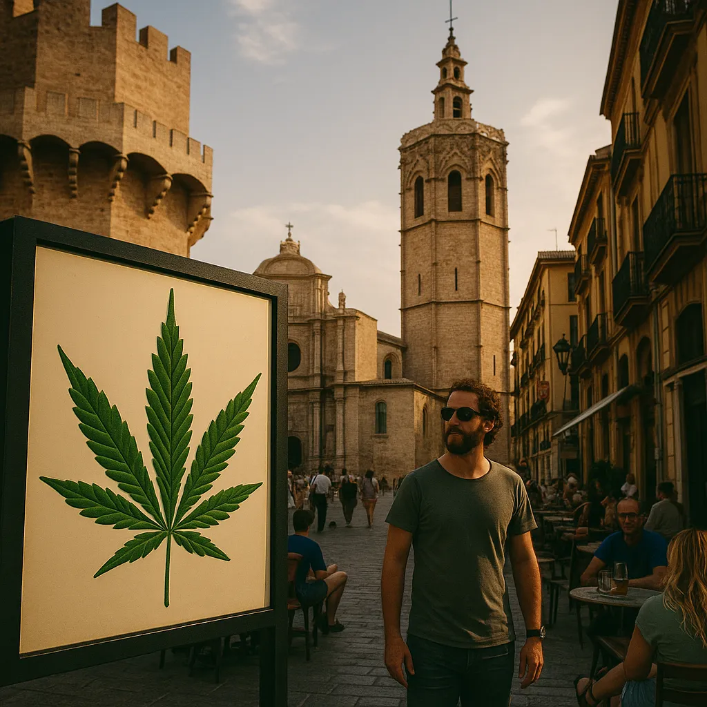 Illustrierte Straße in Valencia neben einem Cannabisblatt-Schild