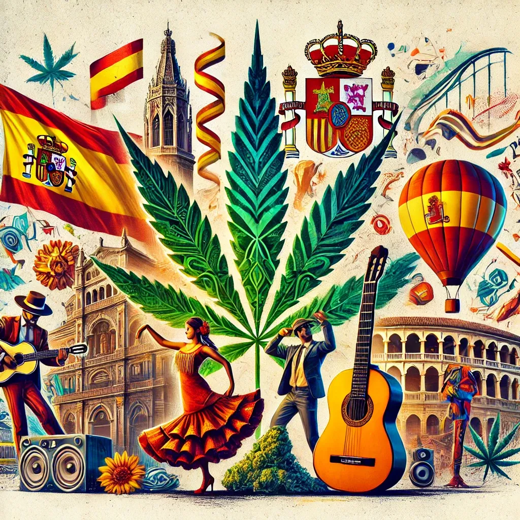 Kulturcollage mit Architektur, Flaggen, Gitarre und Cannabisblatt