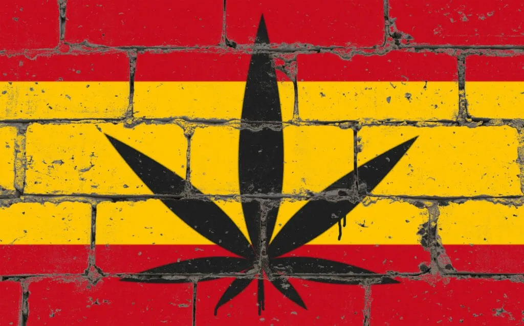 Foglia di cannabis dipinta sui colori della bandiera spagnola su mattoni