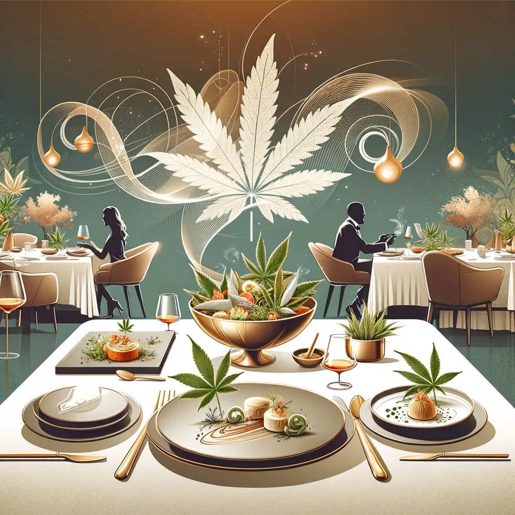 Illustrierter Esstisch mit angerichteten Speisen und dekorativem Blatt