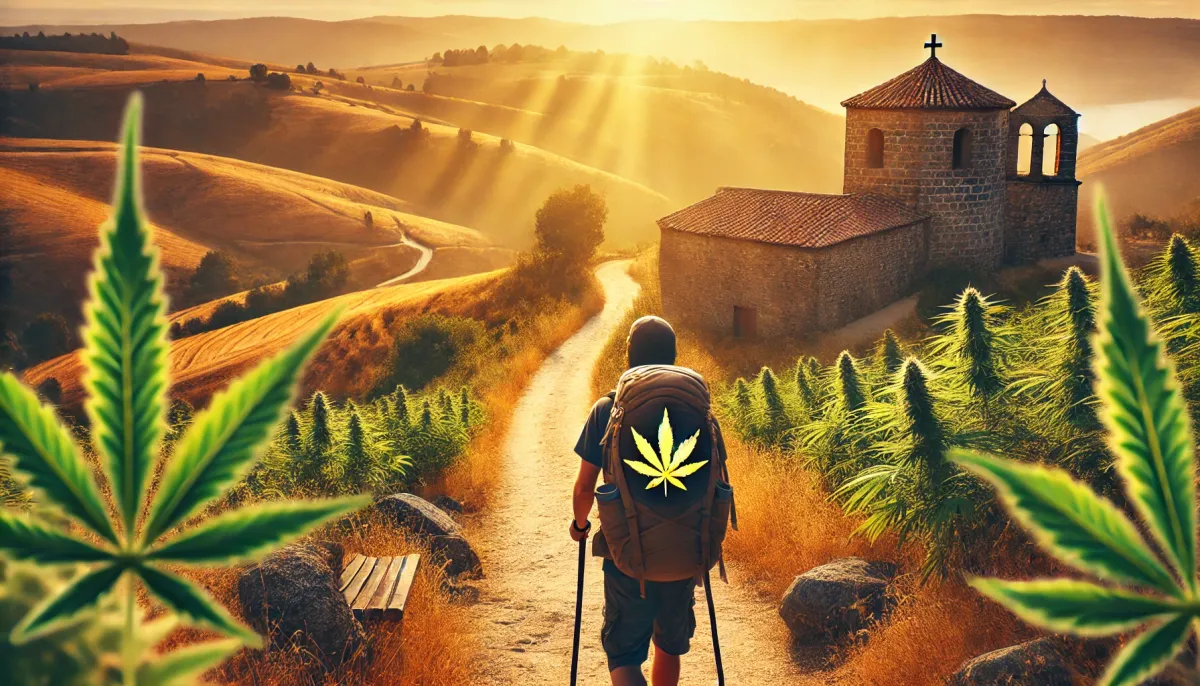 Illustrierter Reisender auf dem Weg zu einem ländlichen spanischen Gebäude