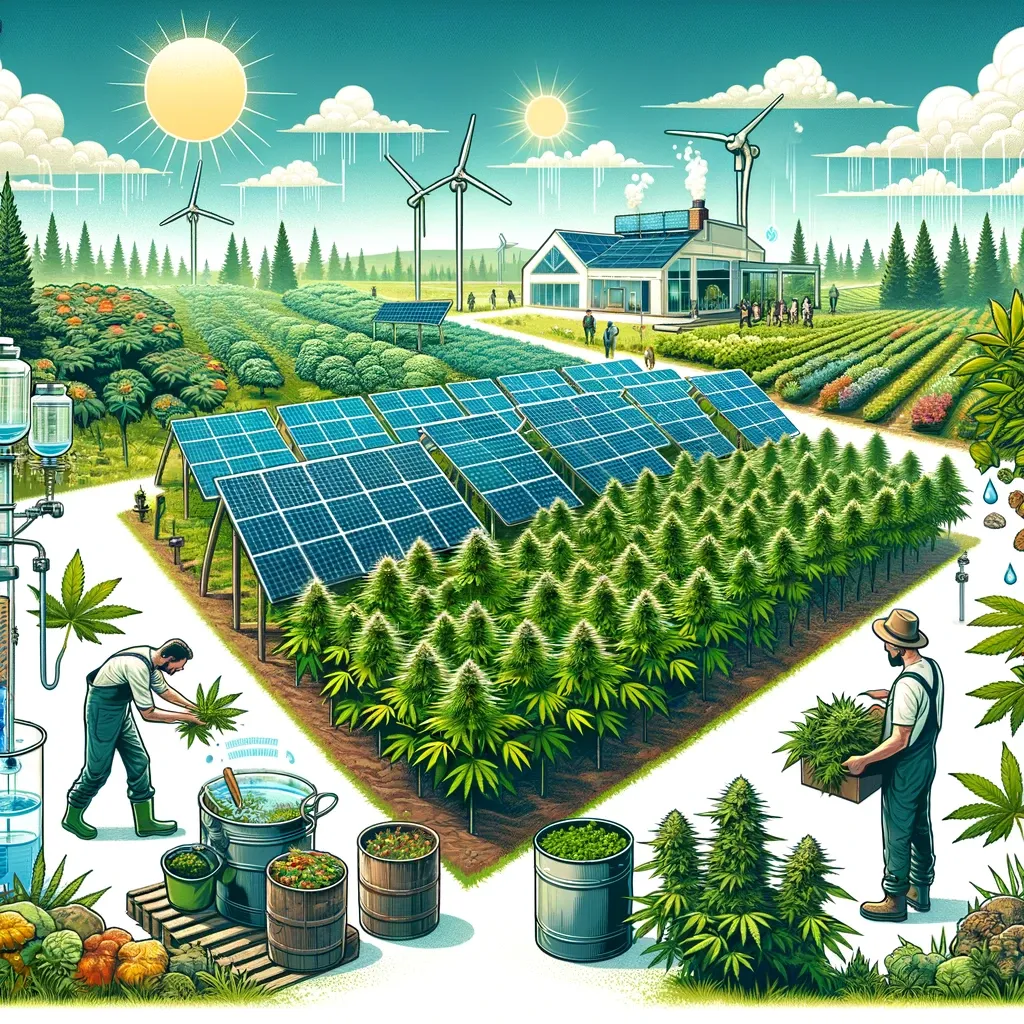 Illustrated landscape with solar panels, wind turbines and fields