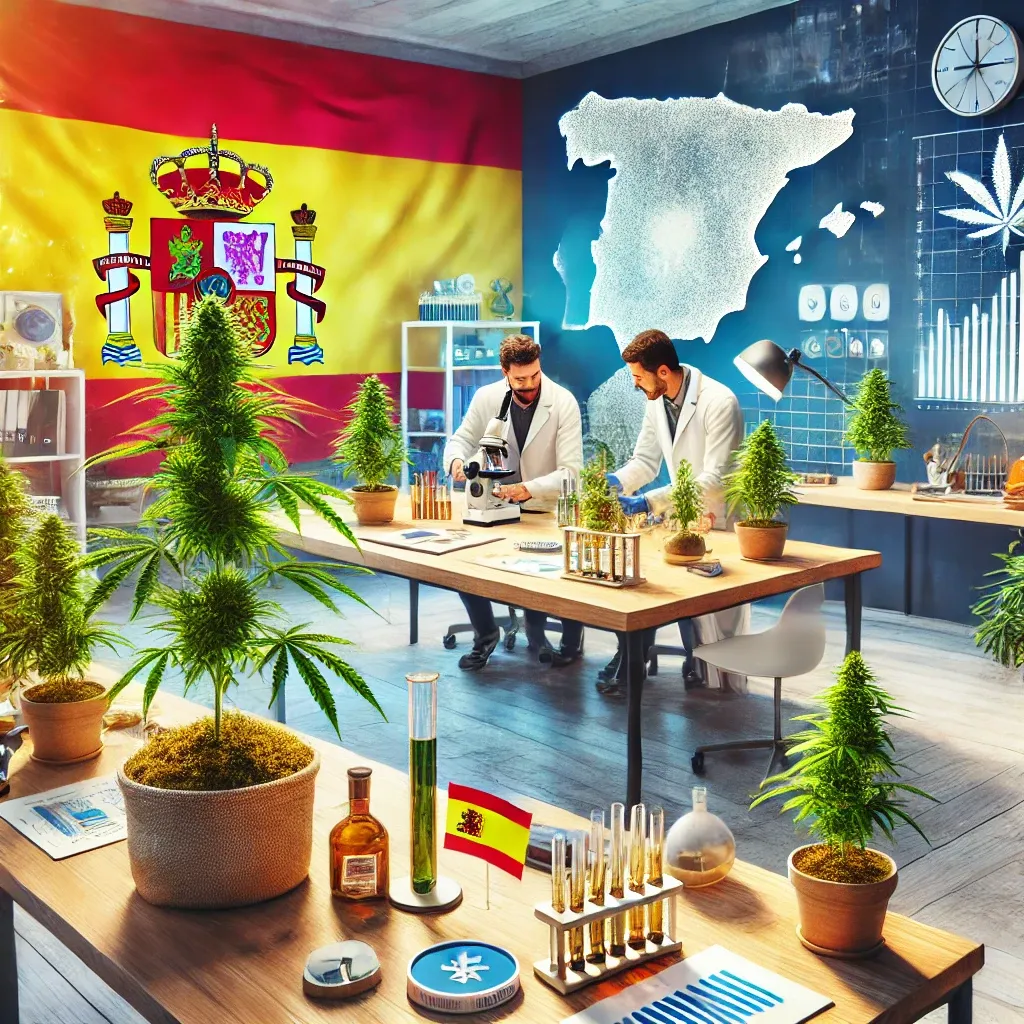 Illustrated researchers with Spanish and European symbols