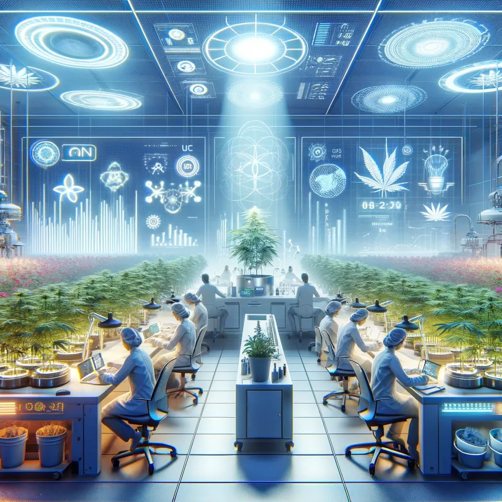 Futuristic laboratory illustration with rows of workstations