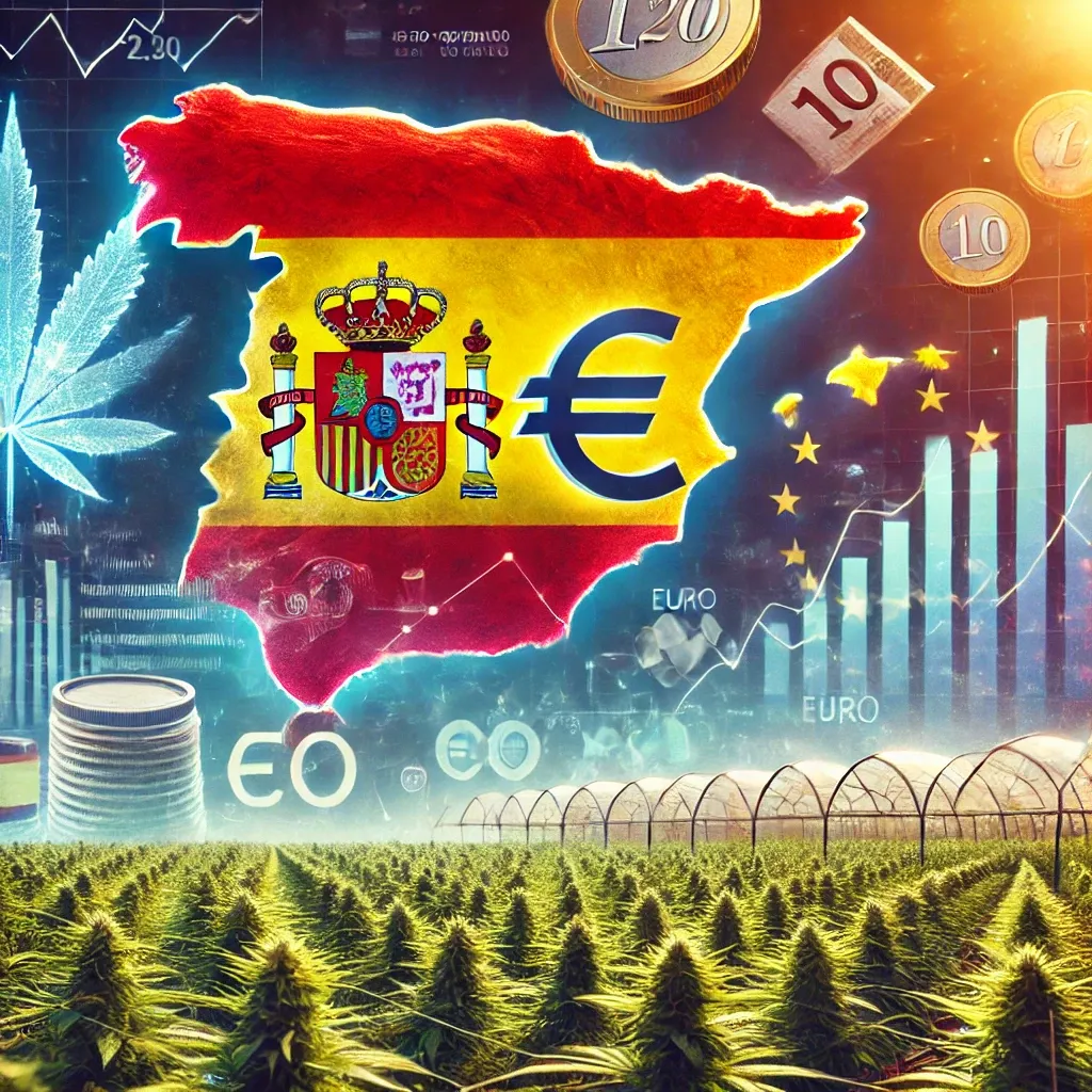 Mappa illustrata della Spagna con simboli dell’euro e un grafico finanziario