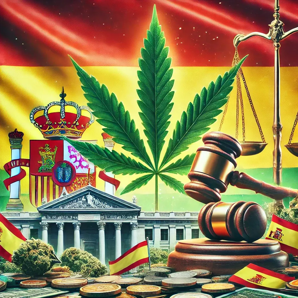 Bandiera spagnola, tribunale, bilancia e foglia di cannabis illustrati