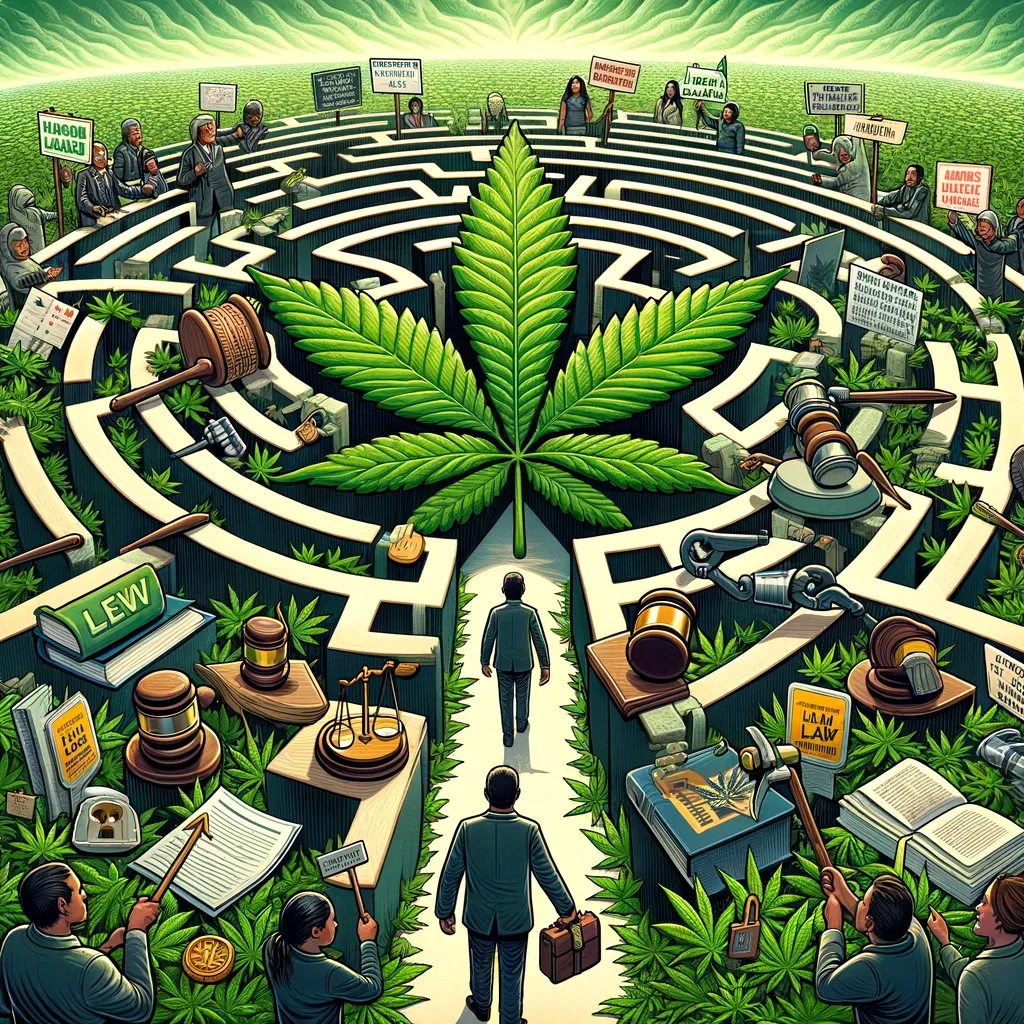 Labirinto illustrato con foglia di cannabis centrale e simboli delle politiche