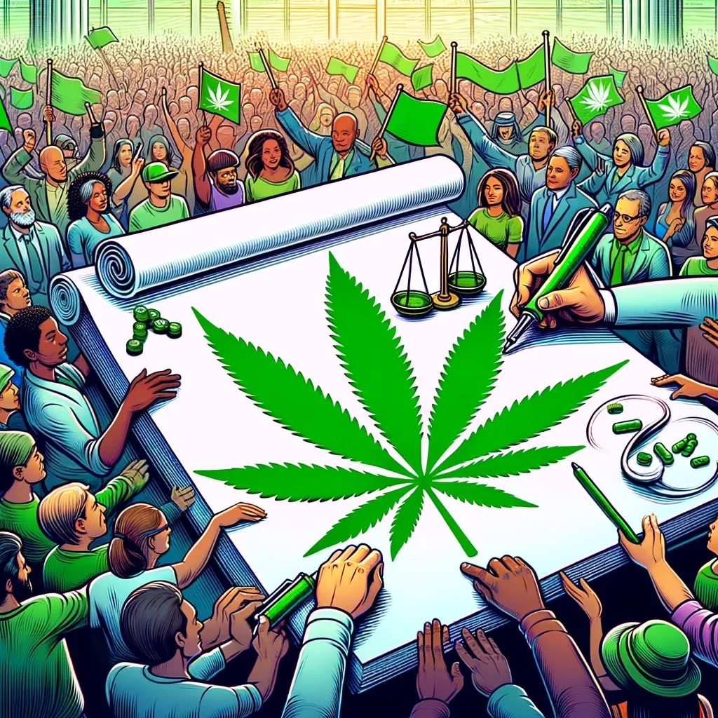 Folla illustrata con uno striscione e una foglia di cannabis