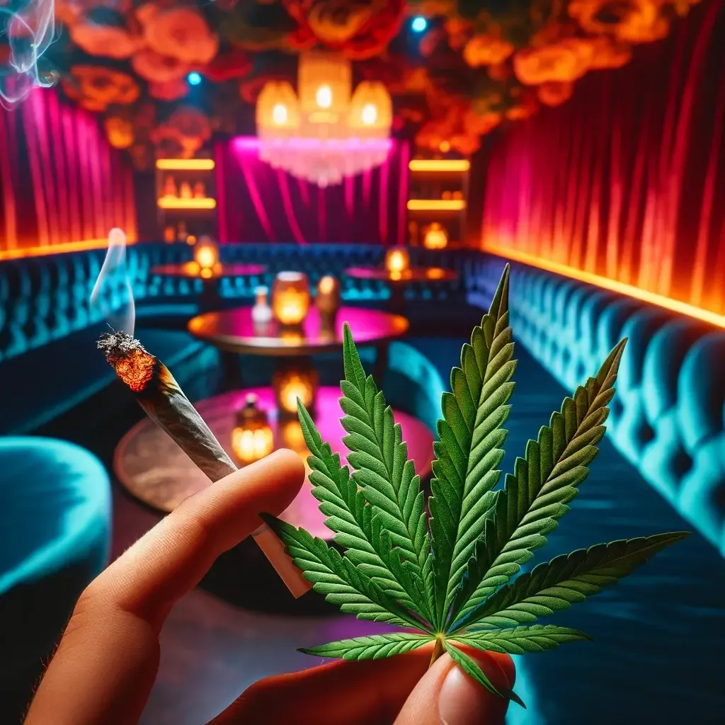 Mano che tiene una foglia di cannabis in un salotto colorato