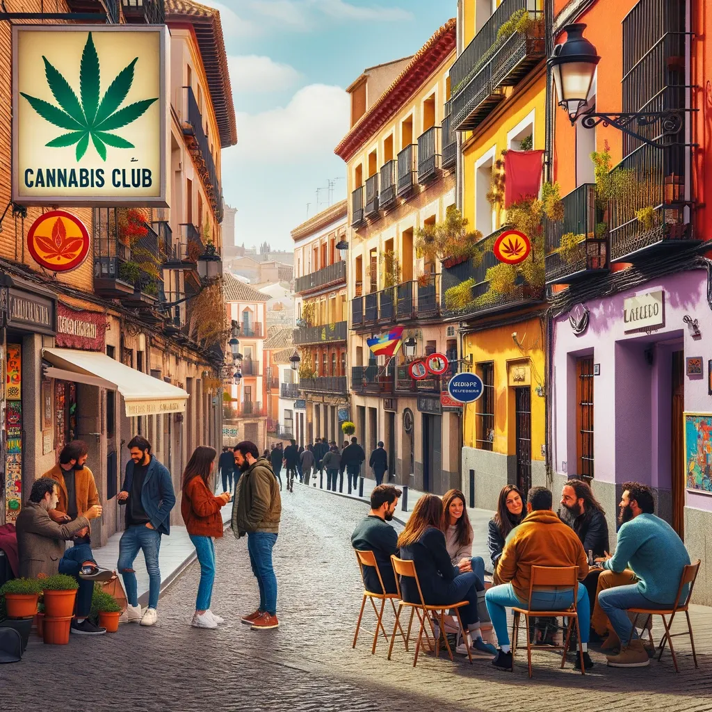 Illustrated Spanish street with pedestrians and café tables