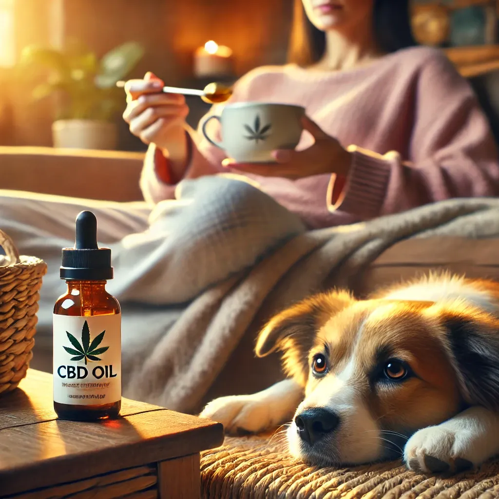 Illustrated person holding a cup beside a dog on a sofa