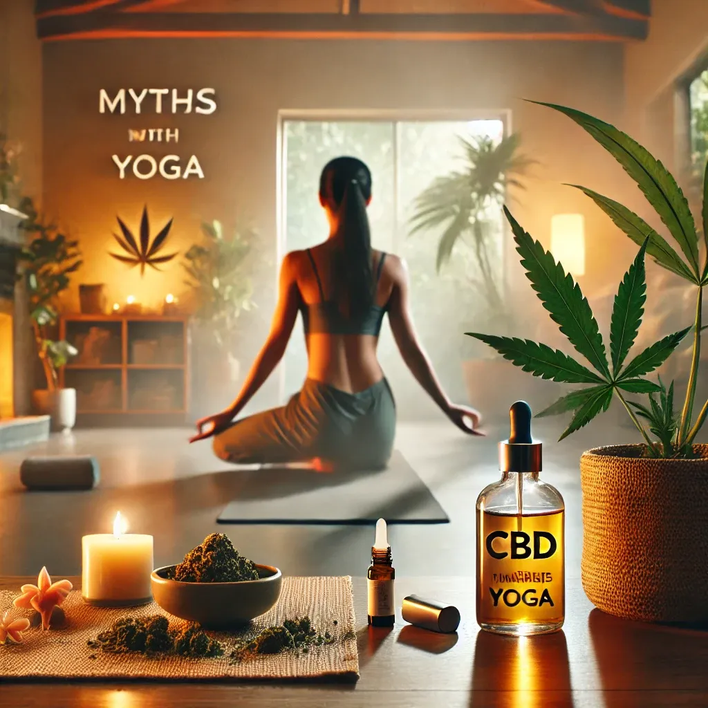 Illustrated meditation scene with candles and CBD imagery