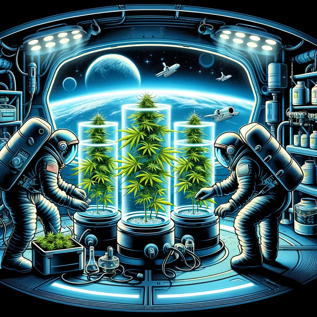 Science-fiction illustration of plants in laboratory chambers
