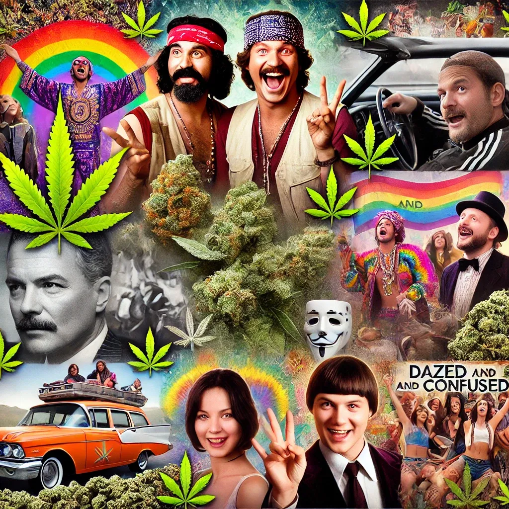 Collage aus Filmfiguren und Comedy-Motiven zum Thema Cannabis