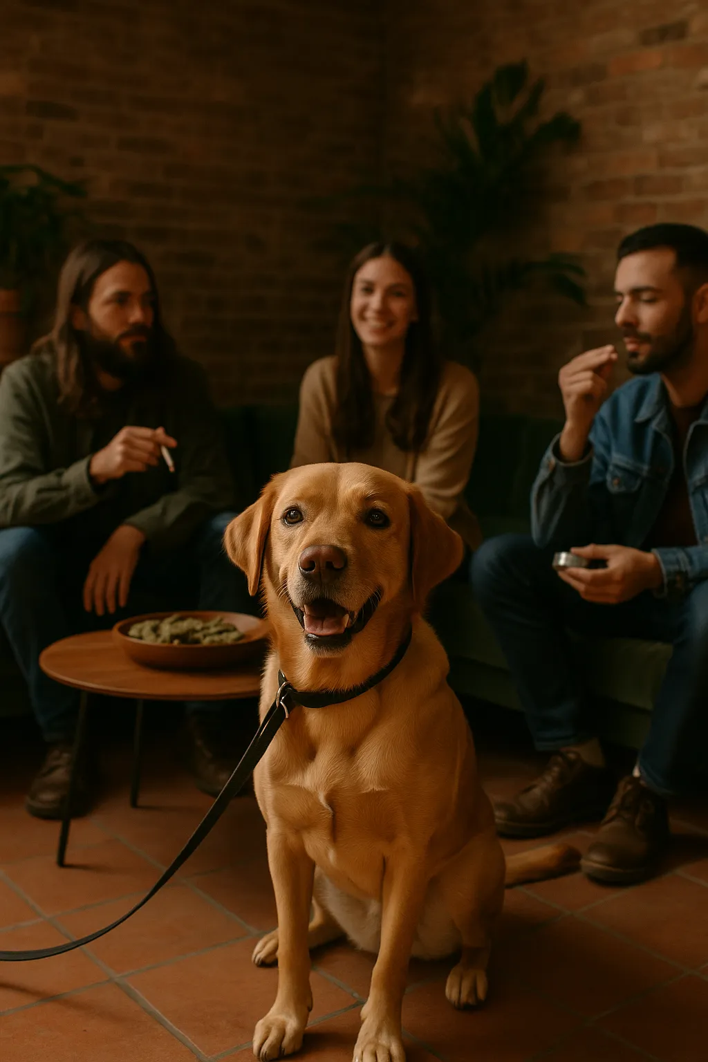 Hund vor einer kleinen sitzenden Gruppe im Innenraum