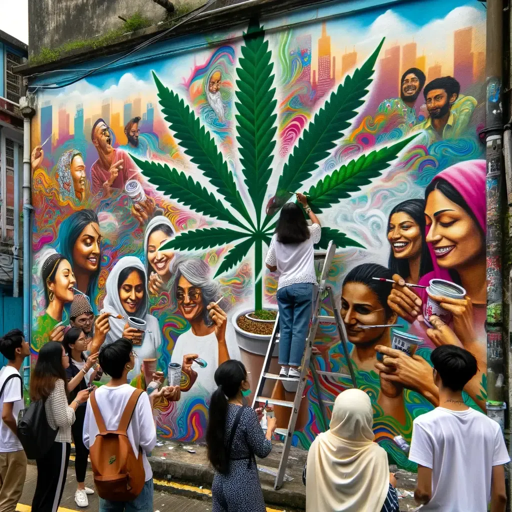 Illustrated cultural gathering with music and a colorful mural