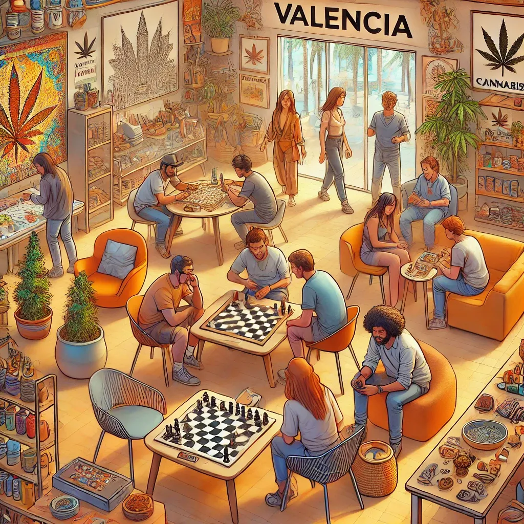 Illustrated Valencia association lounge with people playing board games