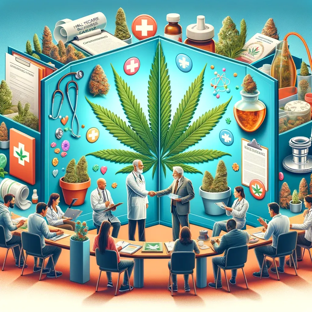 Illustrated medical discussion with a cannabis leaf and health symbols