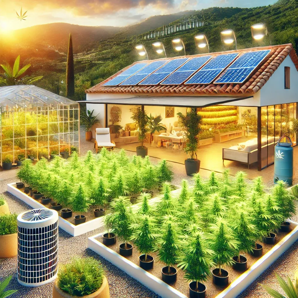 Illustrierter Garten und Gewächshaus mit Solarmodulen auf dem Dach