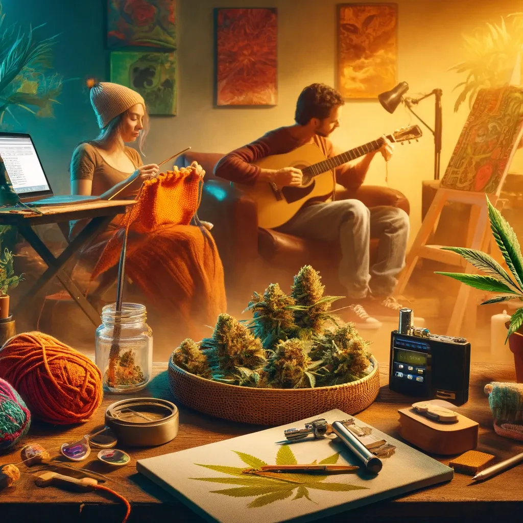 Illustrated creative activities with musical instruments and art materials