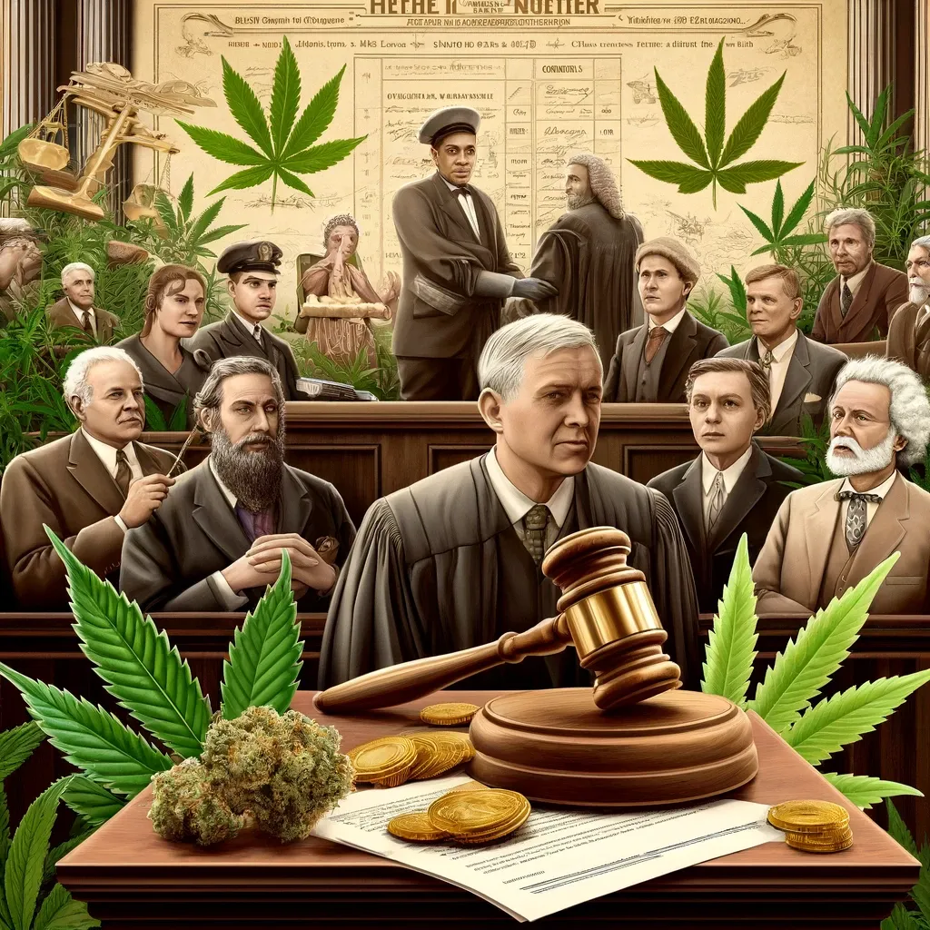 Aula di tribunale storica illustrata con giudice e immagini di cannabis