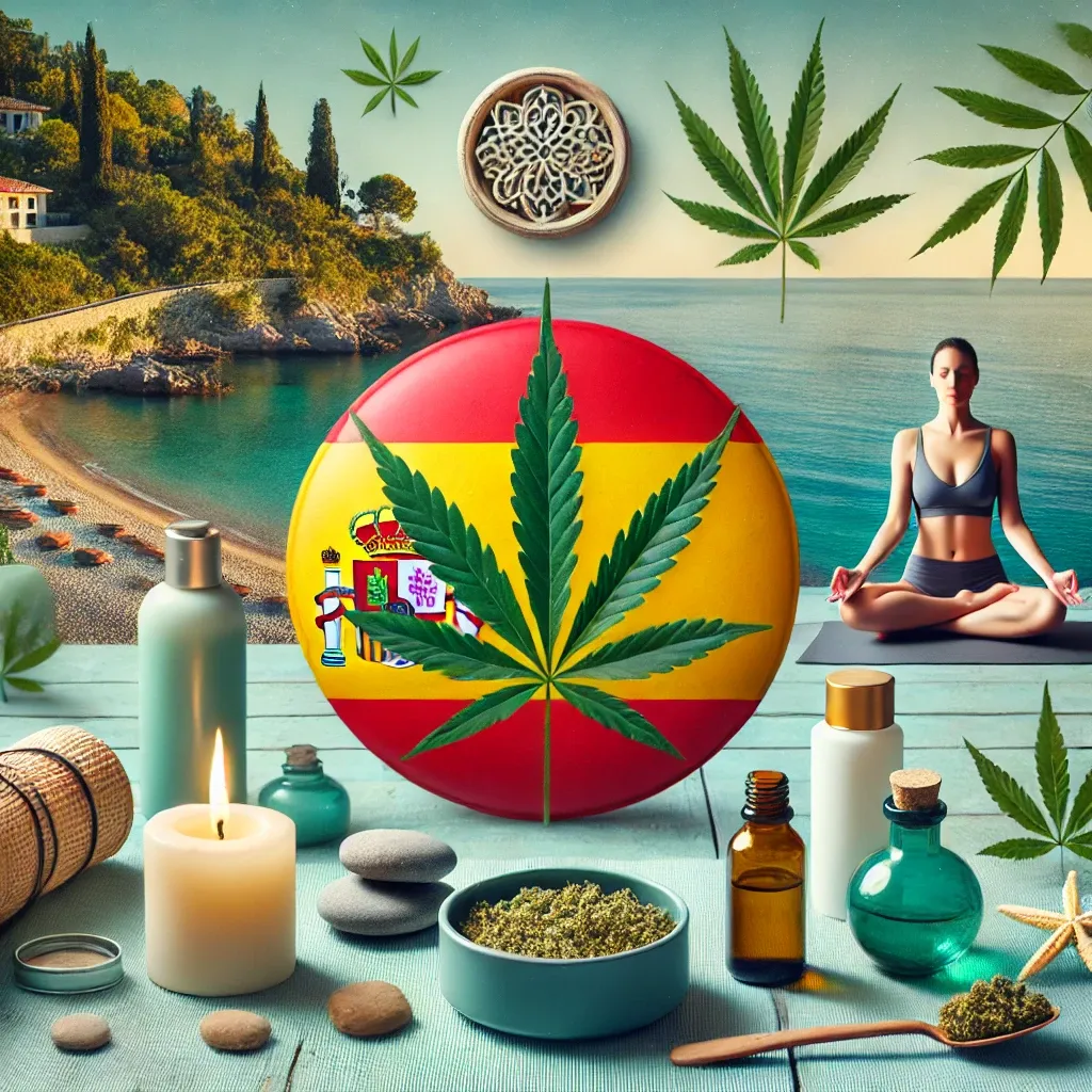Illustrated Spanish wellness scene with candles and coastal scenery