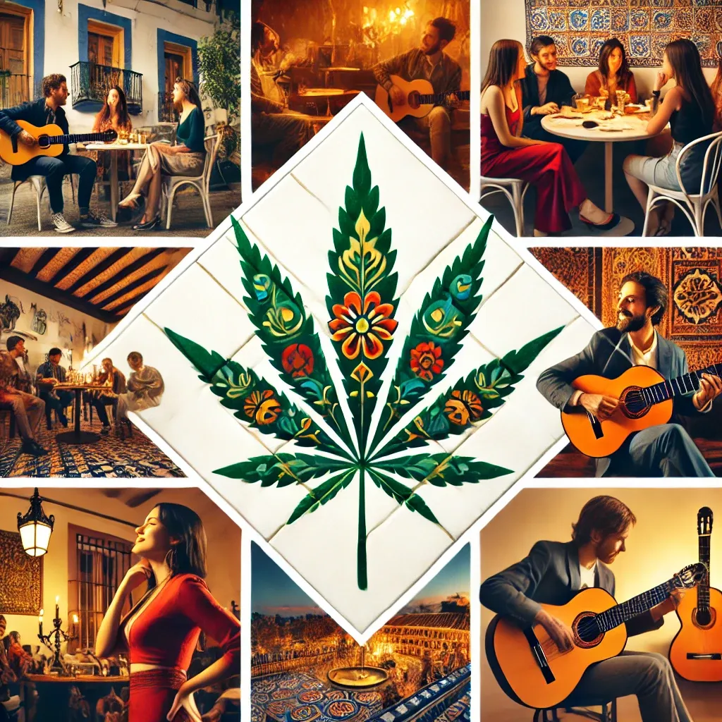 Collage aus geselligen Treffen, Musik und dekorativem Cannabisblatt