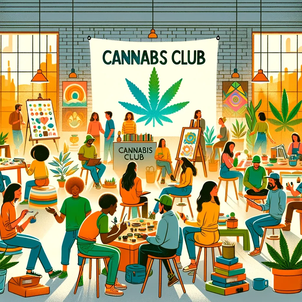 Illustration of people gathering for art and conversation in a club