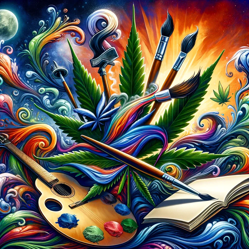 Colourful illustration of paintbrushes, a guitar and cannabis leaves