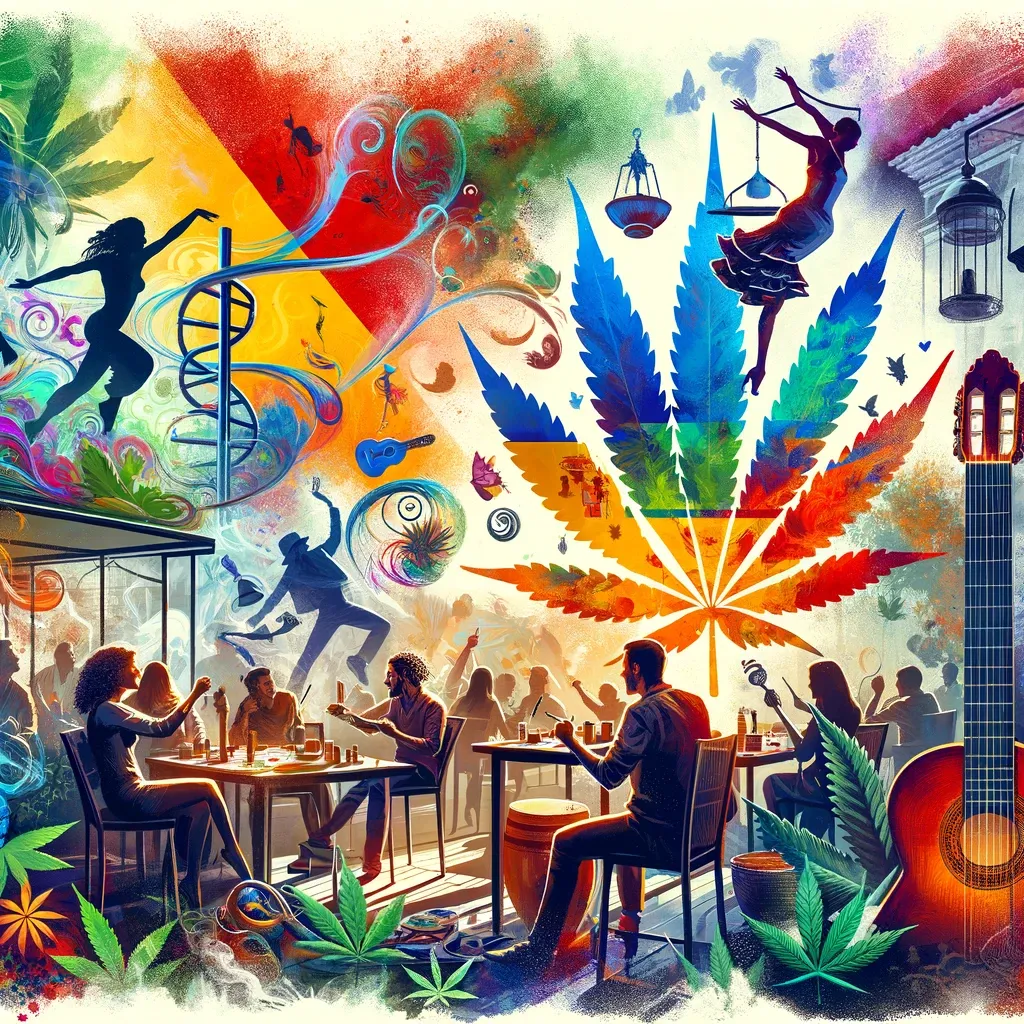 Collage aus einem Treffen, Musikinstrumenten und einem bunten Cannabisblatt
