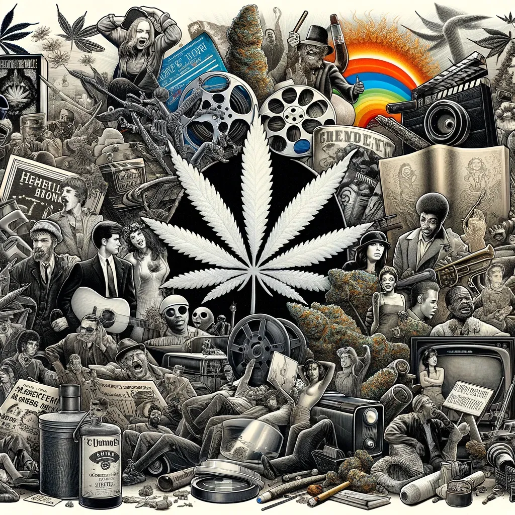 Schwarz-weiße Collage aus Film, Literatur und einem Cannabisblatt