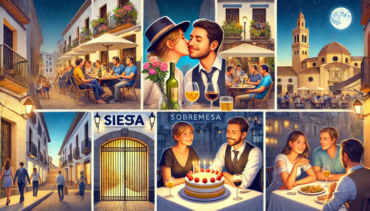 Illustrierte Collage spanischer Mahlzeiten, Begrüßungen und Straßenszenen