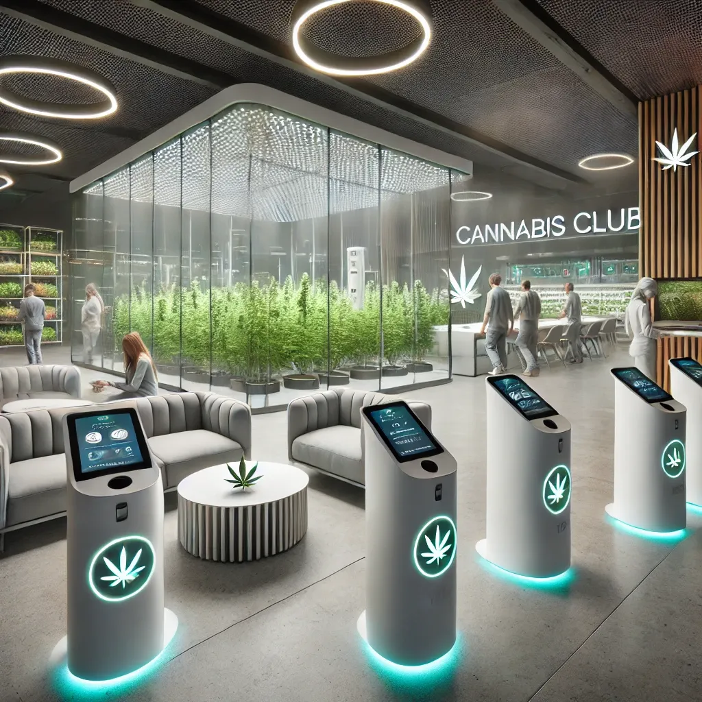 Concept illustration of a club interior with digital kiosks and an enclosed plant area
